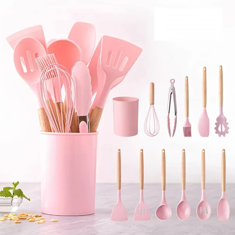 12pcs Non-Stick Silicone Kitchen Utensil Set with Wooden Handles
