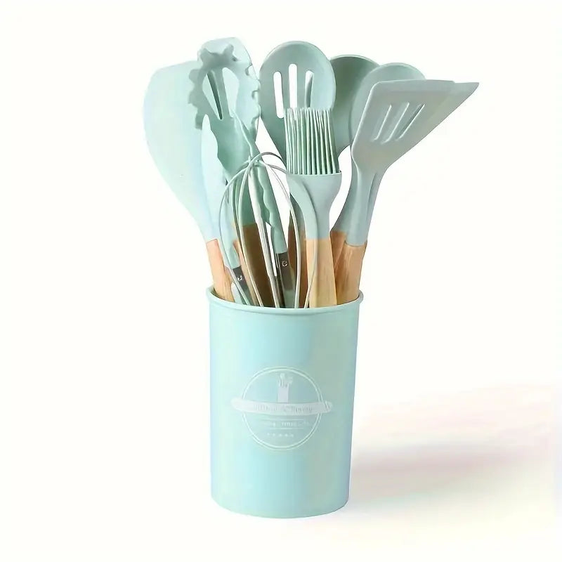 12pcs Non-Stick Silicone Kitchen Utensil Set with Wooden Handles