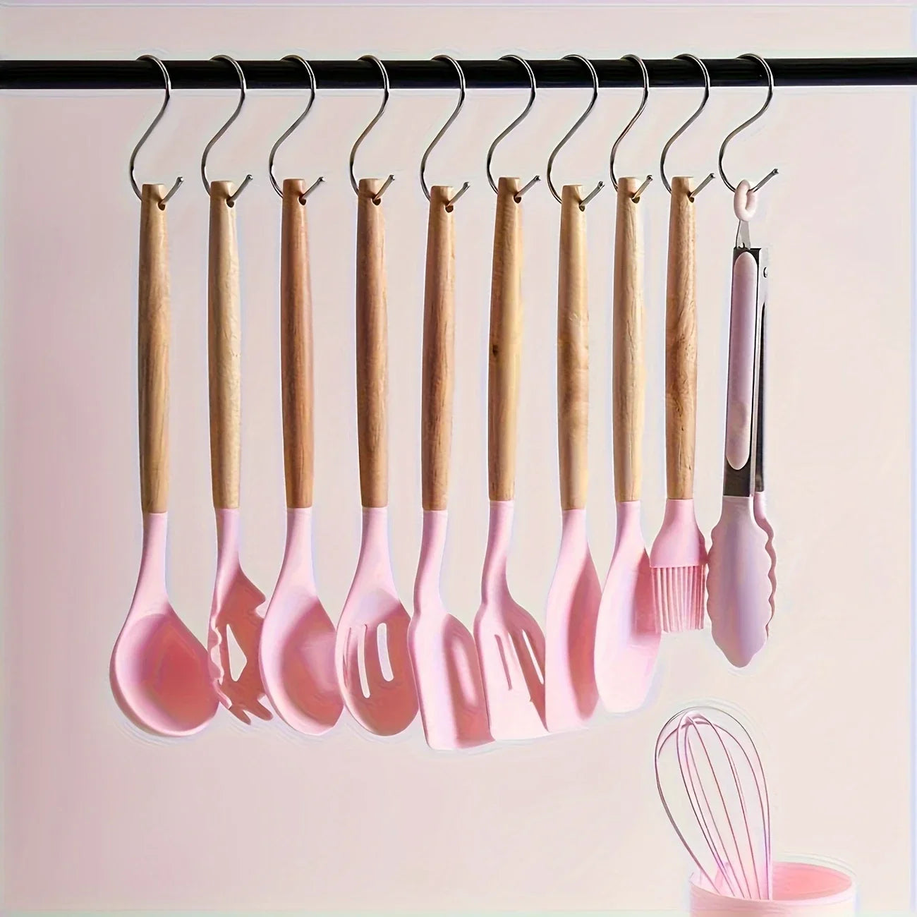 12pcs Non-Stick Silicone Kitchen Utensil Set with Wooden Handles