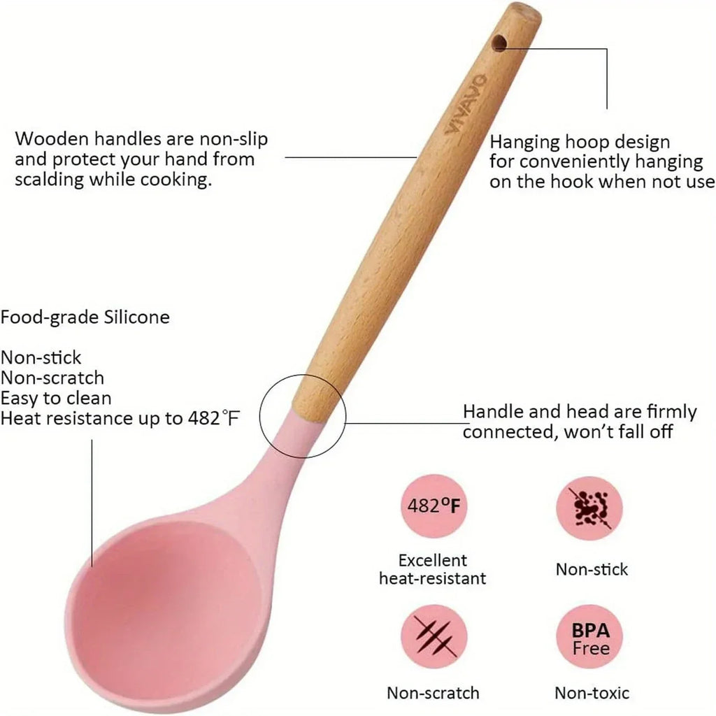 12pcs Non-Stick Silicone Kitchen Utensil Set with Wooden Handles