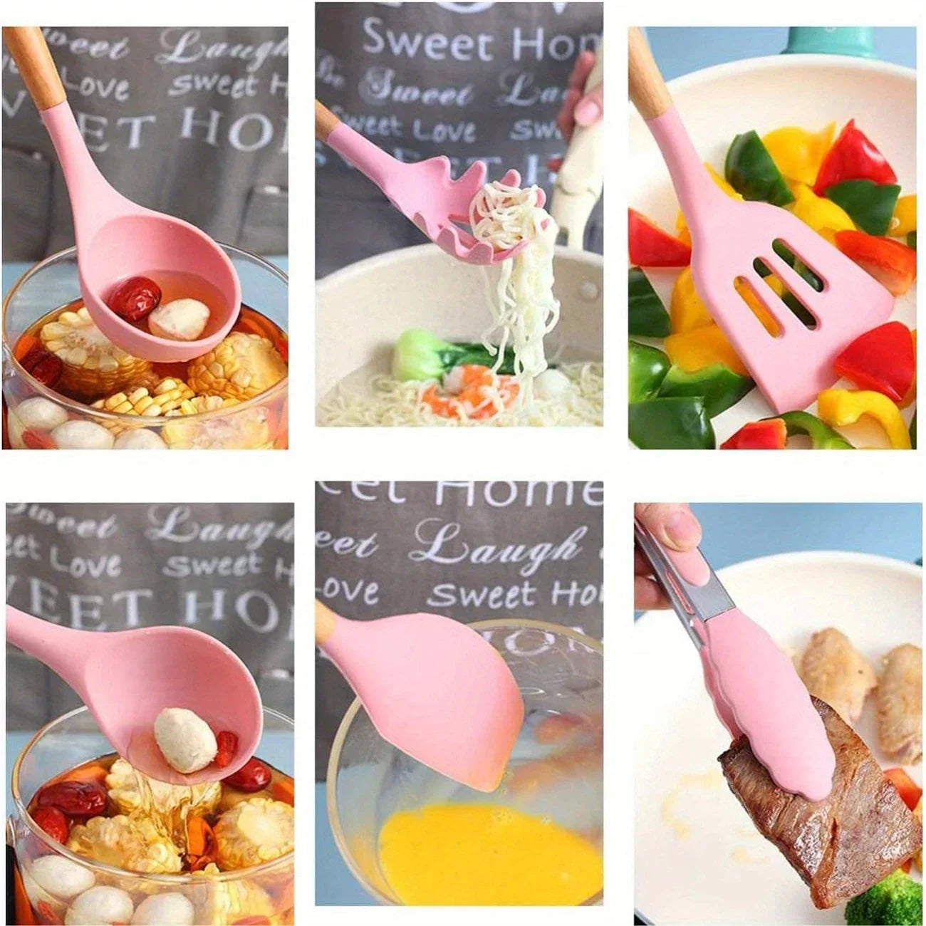 12pcs Non-Stick Silicone Kitchen Utensil Set with Wooden Handles