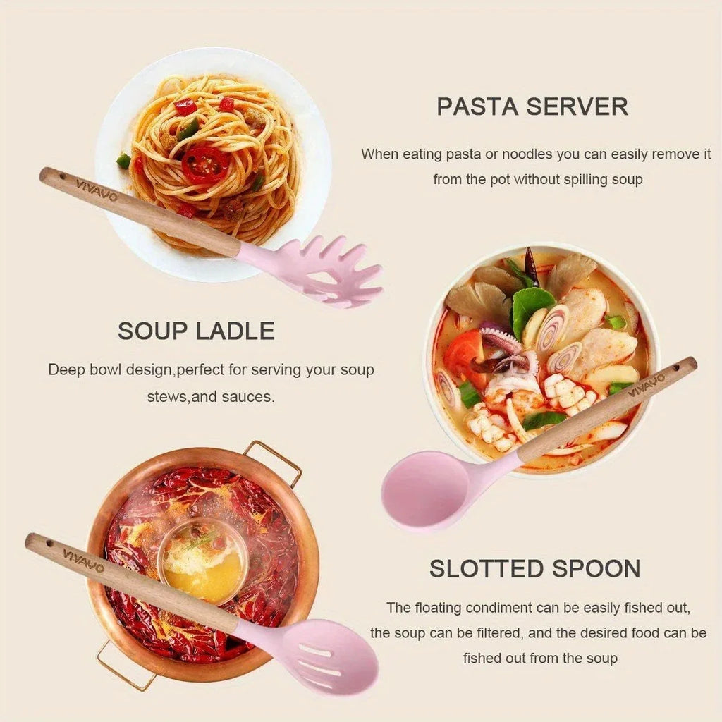 12pcs Non-Stick Silicone Kitchen Utensil Set with Wooden Handles