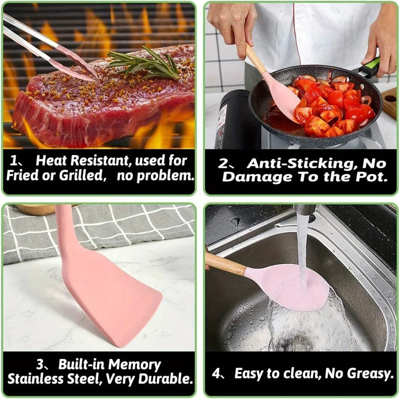 12pcs Non-Stick Silicone Kitchen Utensil Set with Wooden Handles