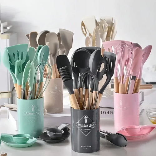 12pcs Non-Stick Silicone Kitchen Utensil Set with Wooden Handles