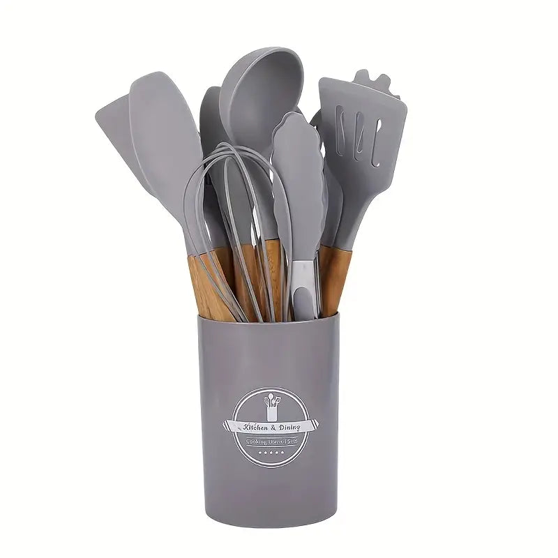 12pcs Non-Stick Silicone Kitchen Utensil Set with Wooden Handles