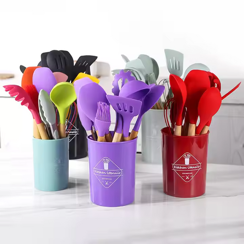 12pcs Non-Stick Silicone Kitchen Utensil Set with Wooden Handles