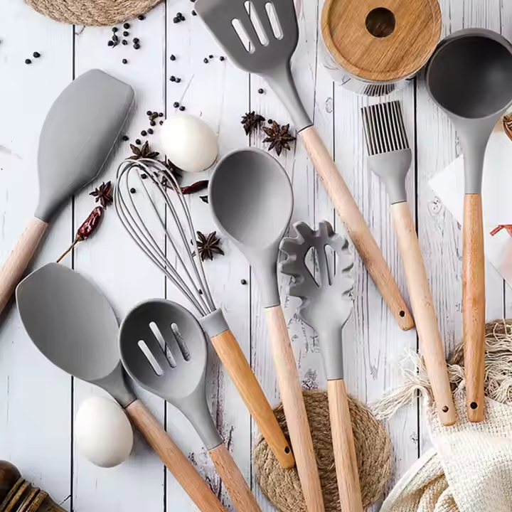 12pcs Non-Stick Silicone Kitchen Utensil Set with Wooden Handles