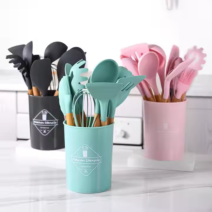 12pcs Non-Stick Silicone Kitchen Utensil Set with Wooden Handles