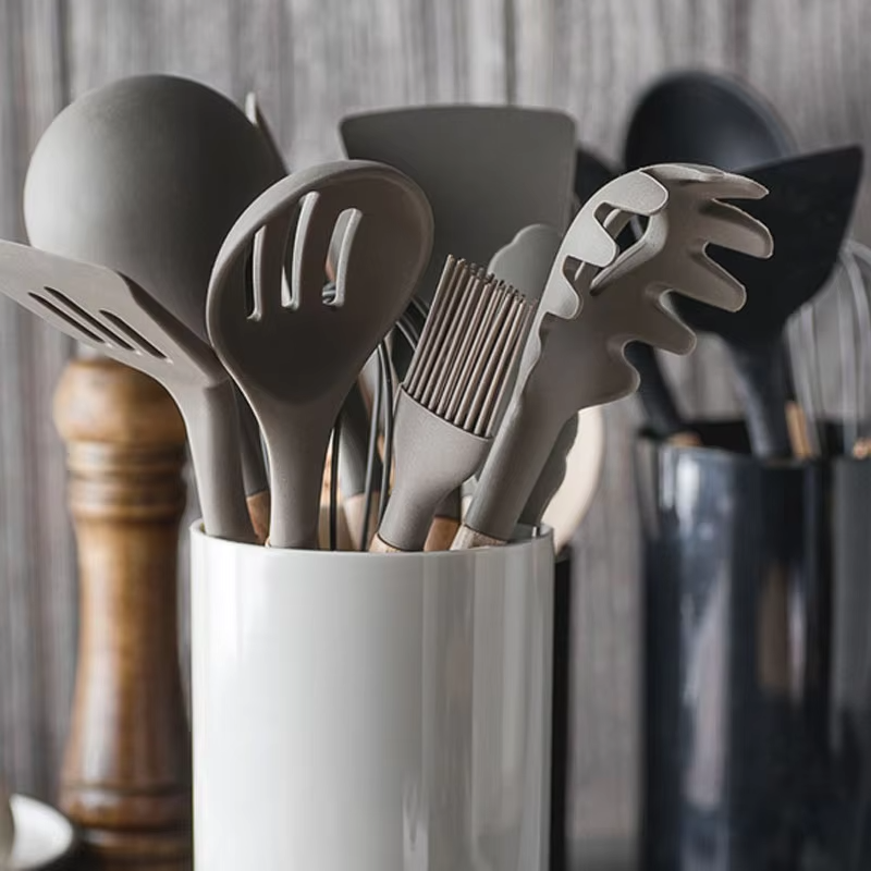 12pcs Non-Stick Silicone Kitchen Utensil Set with Wooden Handles