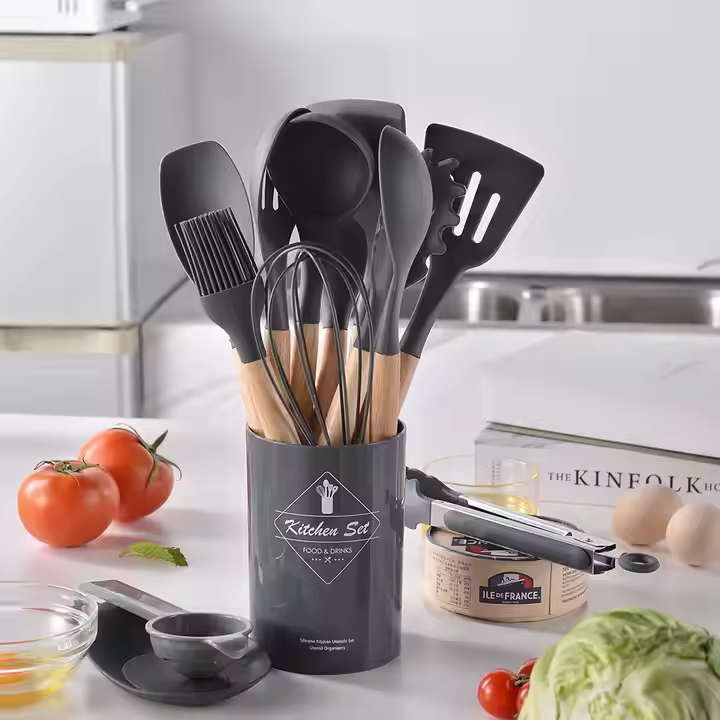 12pcs Non-Stick Silicone Kitchen Utensil Set with Wooden Handles