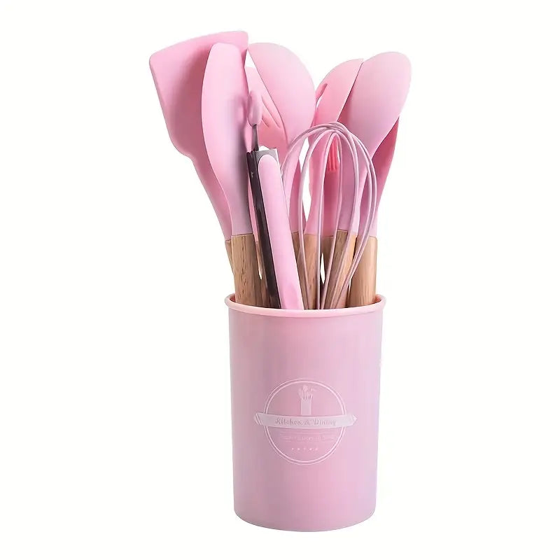 12pcs Non-Stick Silicone Kitchen Utensil Set with Wooden Handles