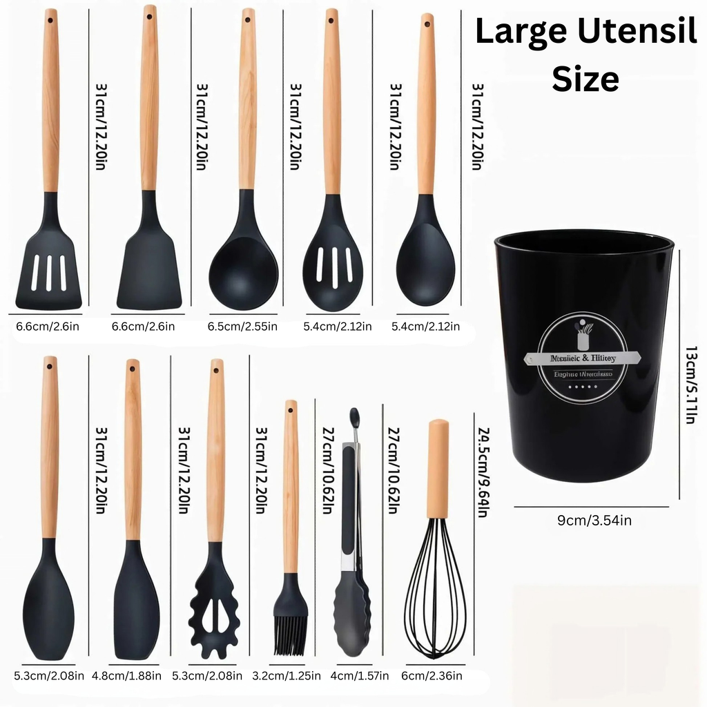 12pcs Non-Stick Silicone Kitchen Utensil Set with Wooden Handles