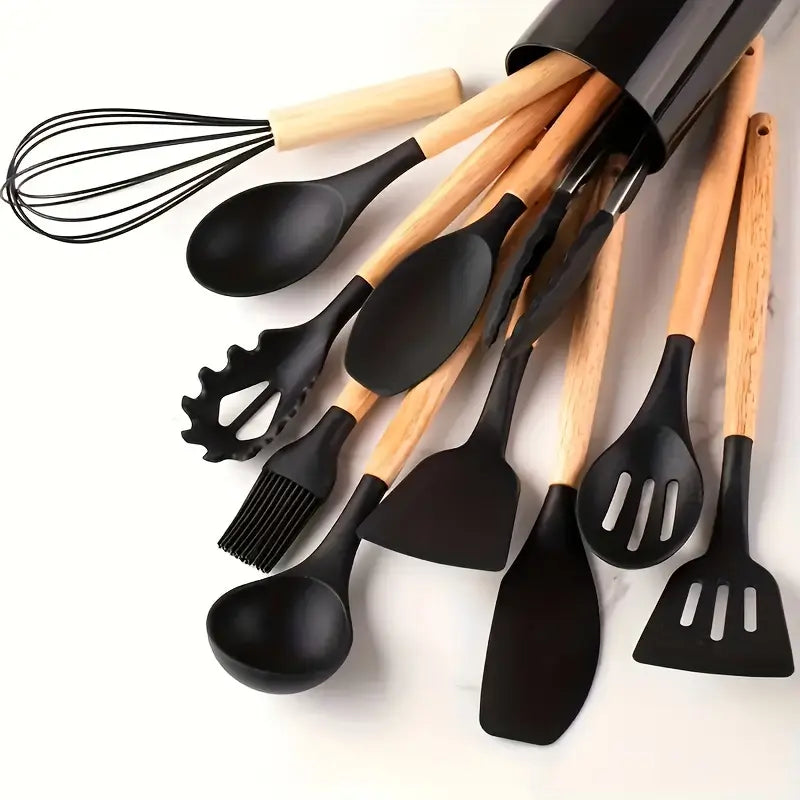 12pcs Non-Stick Silicone Kitchen Utensil Set with Wooden Handles