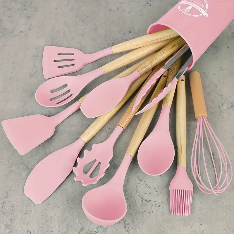 12pcs Non-Stick Silicone Kitchen Utensil Set with Wooden Handles