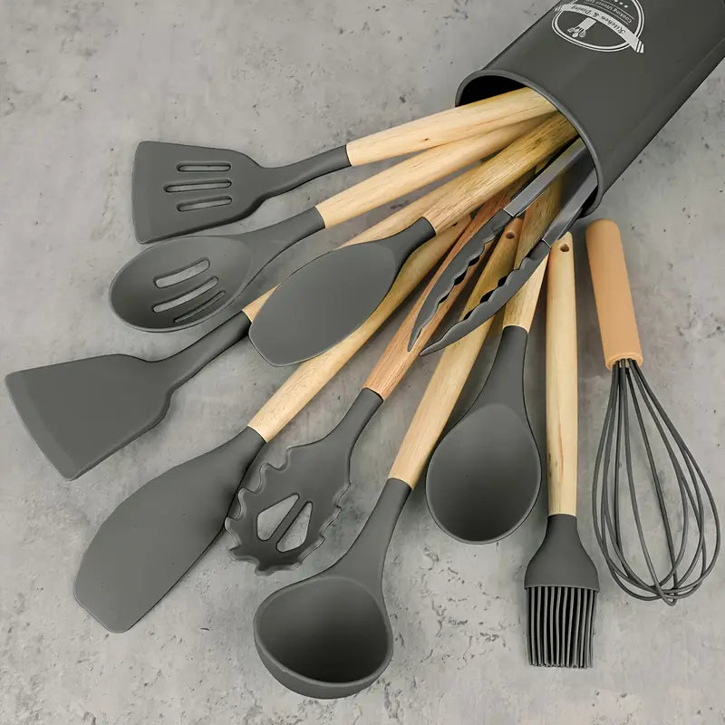 12pcs Non-Stick Silicone Kitchen Utensil Set with Wooden Handles